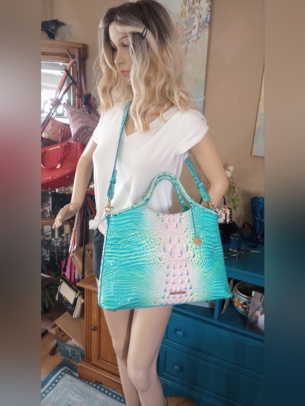 Brahmin Cotton Candy Elaine Croc Embossed Leather Crossbody Satchel Tote - Picture 15 of 15
